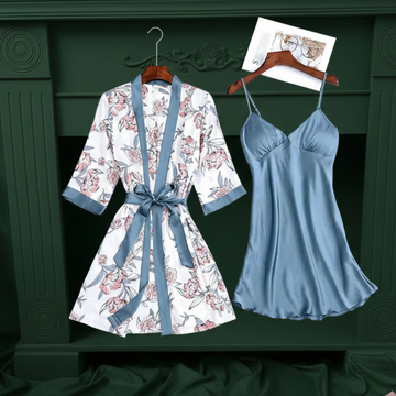 Women Satin Sexy Sets Ladies Nightgown Print Two-pieces Silk Sleepwear Robe+Nightdress Lounge Sets Pijama